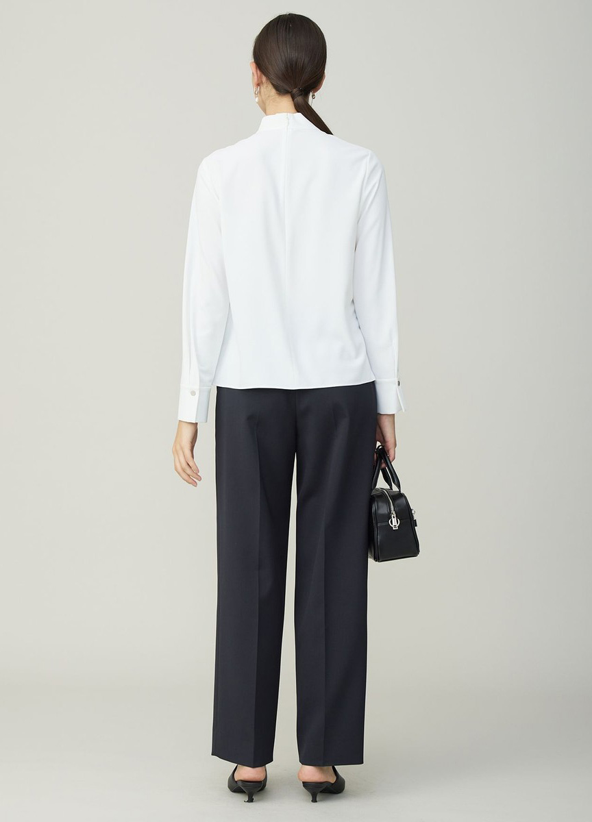 領褶皺設計長袖襯衫